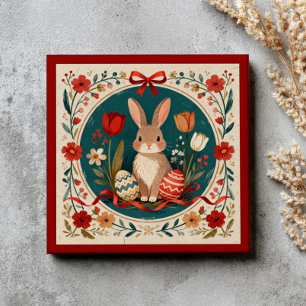 Carreau Joli lièvre avec œufs et fleurs Botanique de Pâque