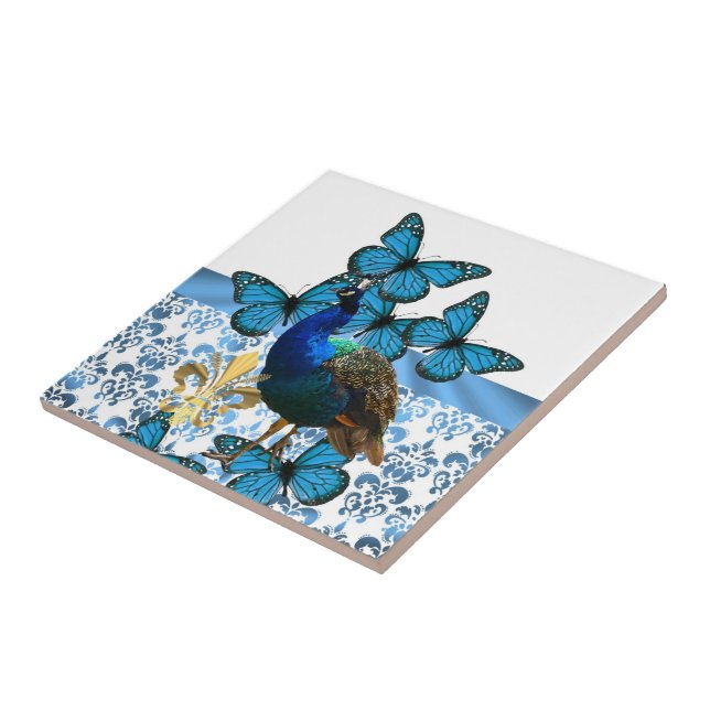 Carreau Joli paon et papillons bleus (Côté)