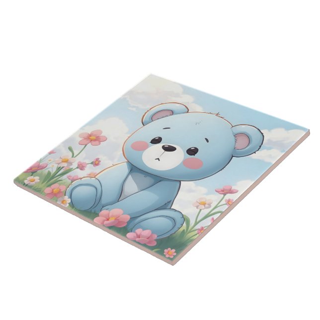 Carreau Joli petit ours bleu en peluche dans le jardin (Côté)
