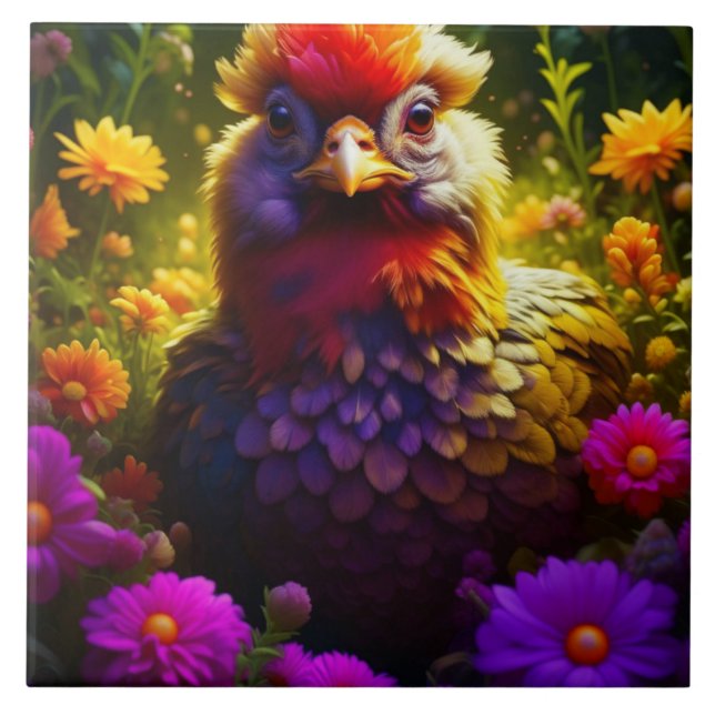 Carreau Joli poulet coloré dans un jardin fleuri (Devant)
