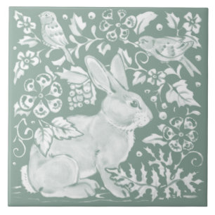Carreau Joli Sage Green Rabbit Oiseau Bois Floral