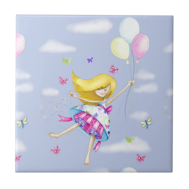 Carreau Jolie fille ballon fée vol de cadeaux de fantaisie (Devant)