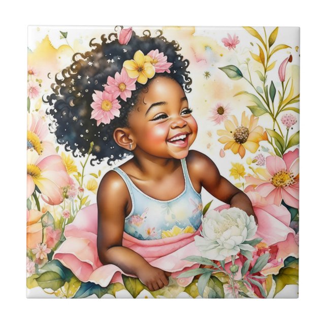 Carreau Jolie petite fille en Fleurs roses Aquarelle Art (Devant)