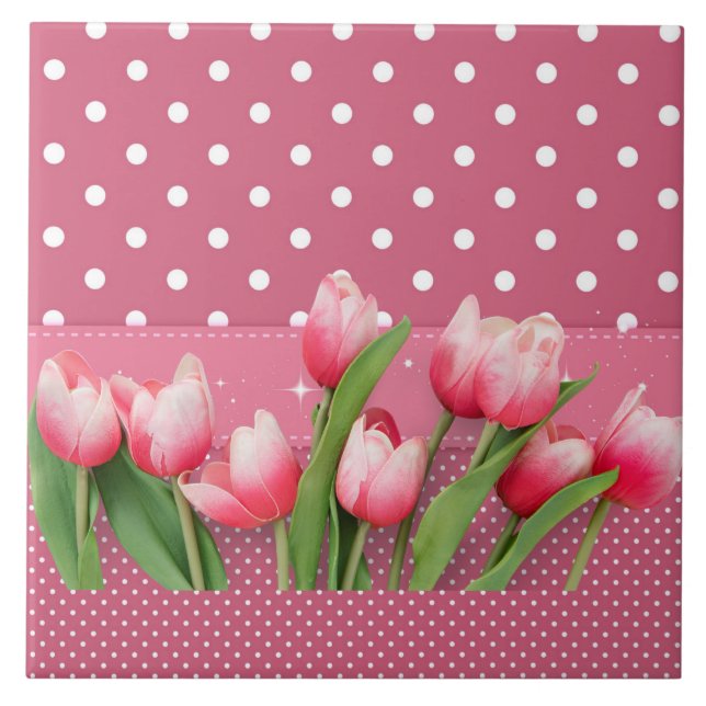 Carreau Jolie tulipes roses et pois roses et blancs (Devant)