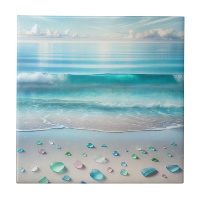 Carreau Jolie vague bleu océan et verre de mer (Devant)