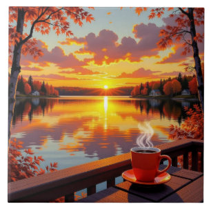 Carreau Jolie vue du lac au lever du soleil et café chaud