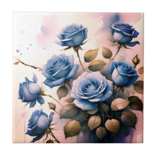 Carreau Jolies roses bleues sur fond de peinture à l'aquar