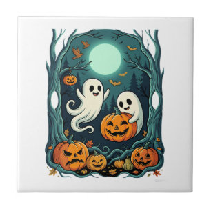 Carreau Jolis fantômes d'Halloween et forêt de citrouilles