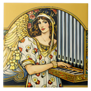 Carreau Joueur d'orgue ange Art Nouveau musique vintage