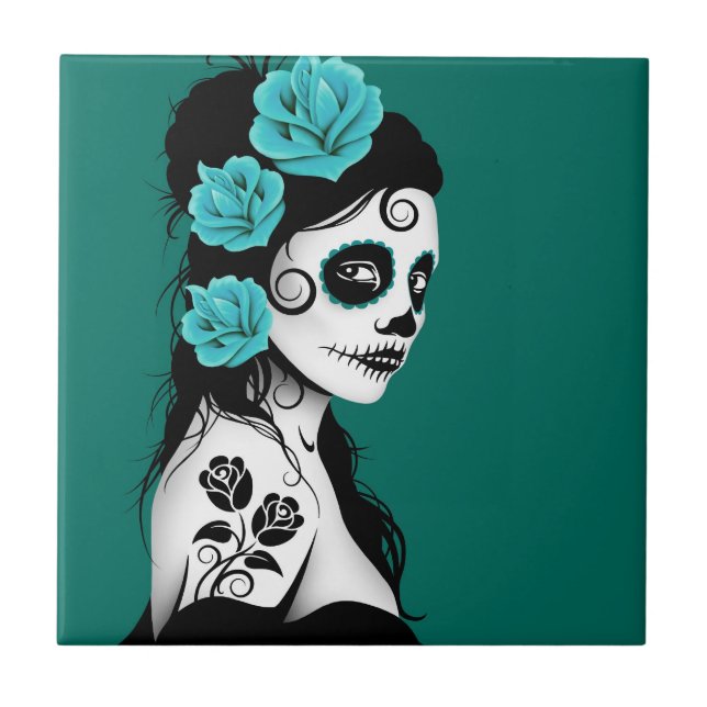 Carreau Jour bleu turquoise de la fille morte de crâne de (Devant)