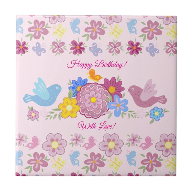 Carreau Joyeux Anniversaire Motif Oiseaux de Jardin Fleurs (Devant)