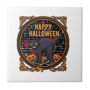 Carreau Joyeux Halloween Chat Noir Citrouilles Os_1