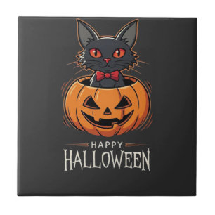 Carreau Joyeux Halloween Chat Noir Design de Citrouille_1