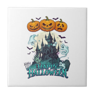Carreau Joyeux Halloween Château Hanté Citrouilles Fantôme