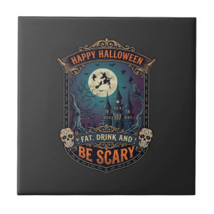 Carreau Joyeux Halloween Sorcière Château Crânes Gras Boir