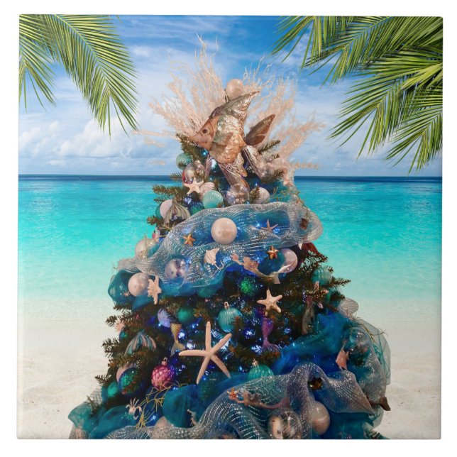 Carreau Joyeux Noël côtier Plage tropicale Holiday Tree (Devant)