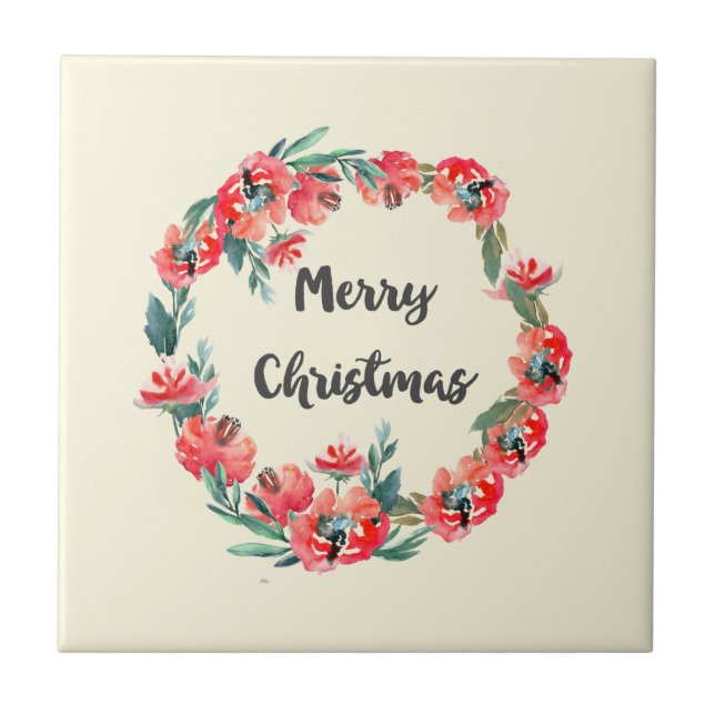 Carreau Joyeux Noël Rouge Floral Aquarelle Wreath (Devant)