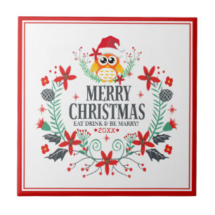 Carreau Joyeux Noël Typographie Chouette de Noël Wreath