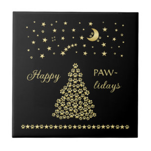 Carreau Joyeux Pawlidays, Or brillant Paw sapin de Noël
