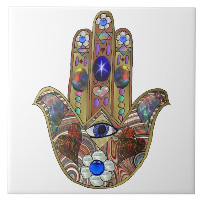 Carreau Judaica Hamsa Coeurs Fleurs Opal Art Imprimer (Devant)