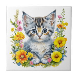 Carreau Kitten à l'aquarelle dans des fleurs jaunes et ros