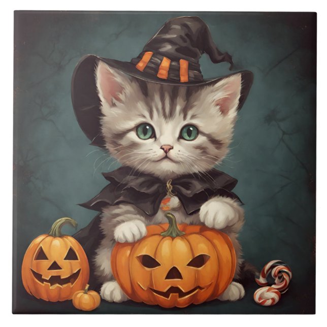 Carreau Kitten en costume d'Halloween et Jack-O'Lantern (Devant)