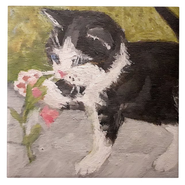 Carreau Kitten Jouer avec Fleur rose (Devant)