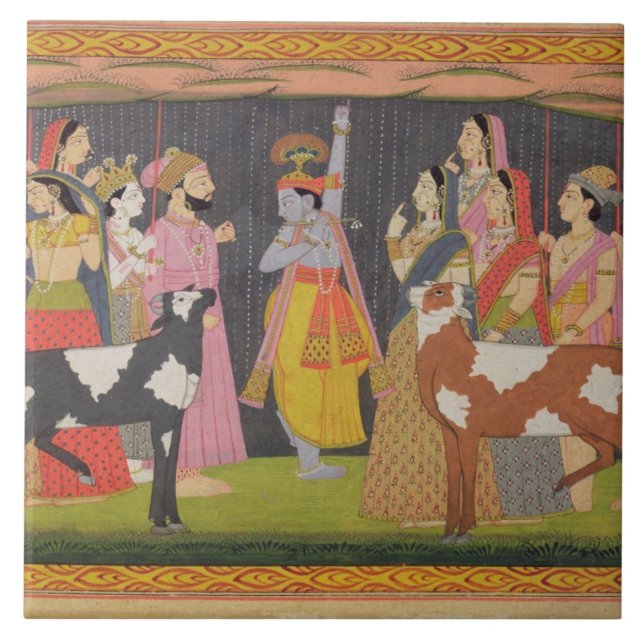 Carreau Krishna levant le mont Govardhana, de la 'Bhagav (Devant)