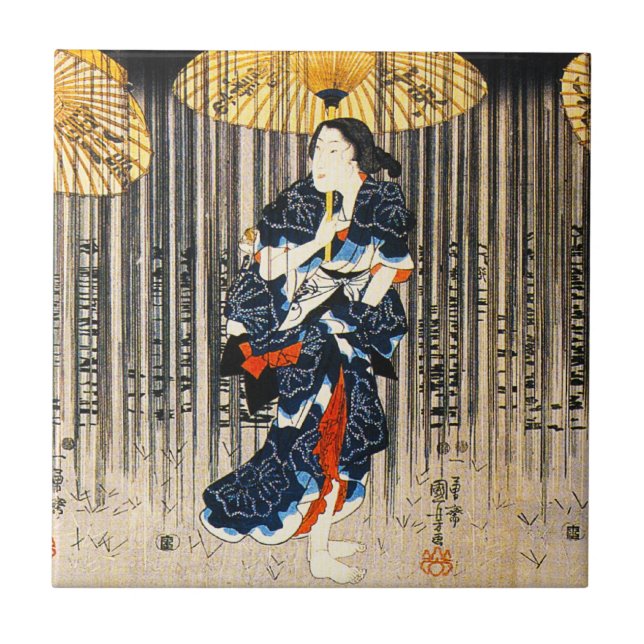 Carreau Kuniyoshi trois femmes avec la tuile de parapluies (Devant)