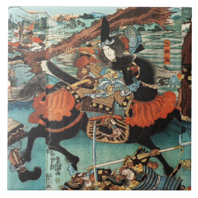 CARREAU LA FEMME SAMURAI TOMOE GOZEN HORSEBACK DANS LA BAT (Devant)