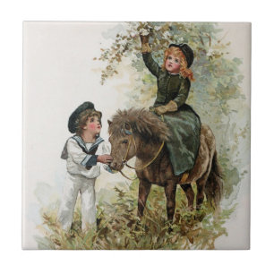 Carreau La fille monte le cru de poney de Shetland