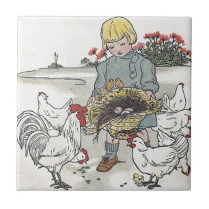 Carreau La fille vintage avec des poulets, E est un oeuf