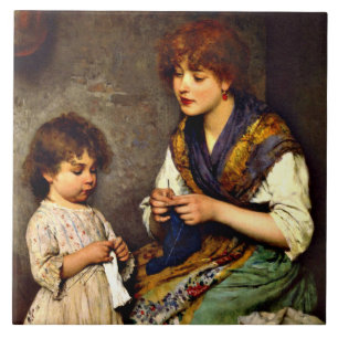Carreau La Leçon de tricot, peinture d'art fin