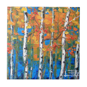 Carreau La peinture d'arbre de bouleau, bouleau bleu,