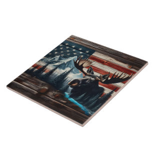 Carreau La tête d'orignal contre le drapeau américain et l