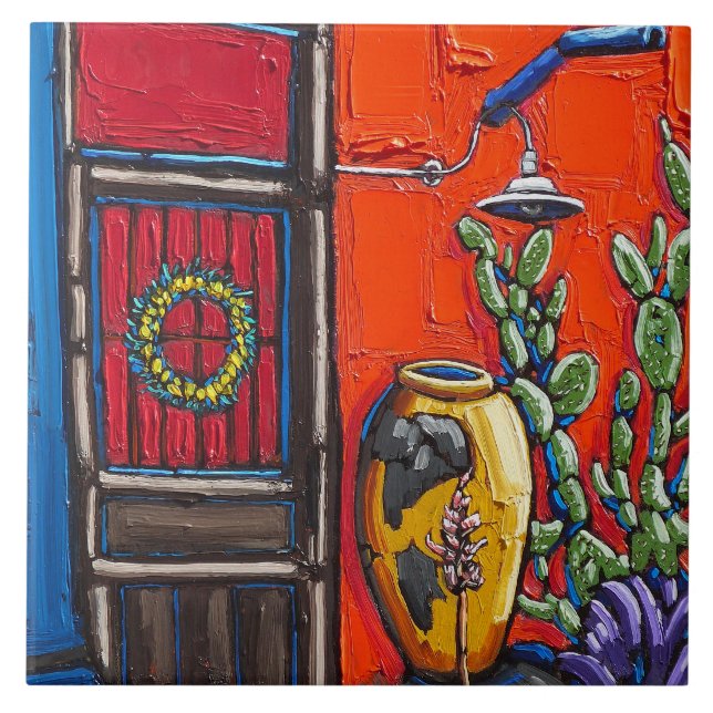 Carreau La tuile décorative "de porte rouge et bleue" (Devant)
