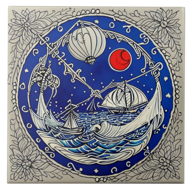 Carreau La vie marine nautique art céramique traditionnel  (Devant)