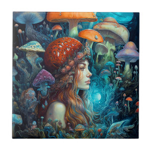 Carreau Lady Et Champignons Surreal Imaginaire Art
