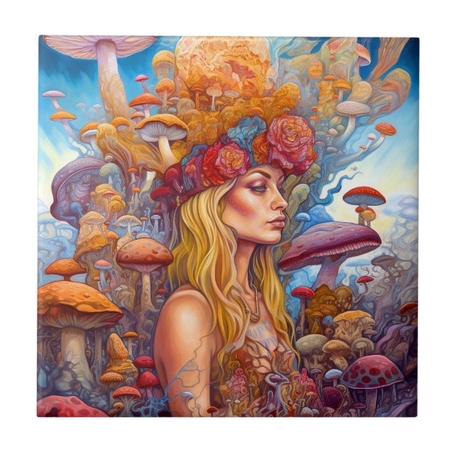 Carreau Lady Et Champignons Surreal Imaginaire Art (Devant)
