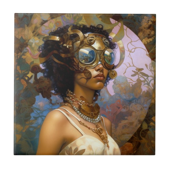 Carreau Lady Portant des lunettes Imaginaire noir Sci-Fi (Devant)