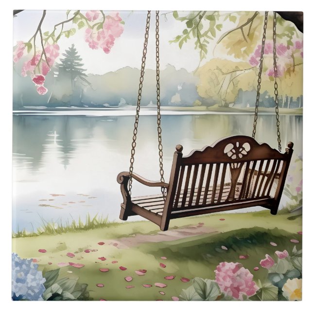Carreau Lakeside Swing dans le jardin d'aquarelle romantiq (Devant)