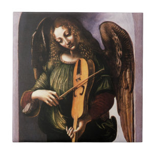 Carreau L'ange de Léonard de Vinci en vert avec une Vielle