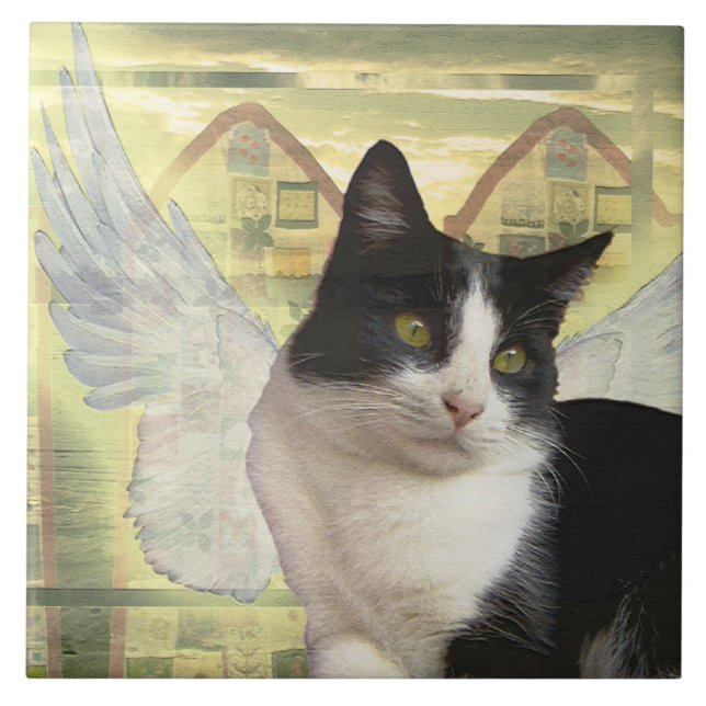 Carreau l'ange noir et blanc de chat s'envole l'art (Devant)