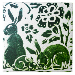 Carreau Lapin Batik Vert Moderne Bleu Floral Bois