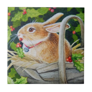 Carreau Lapin dans le panier avec Holly Sprigs Aquarelle A