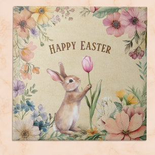 Carreau Lapin de Pâques bébé avec tulipe rose florale vint
