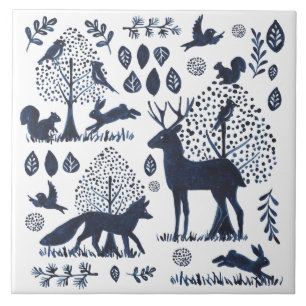 Carreau Lapin de renard animal bleu et blanc moderne