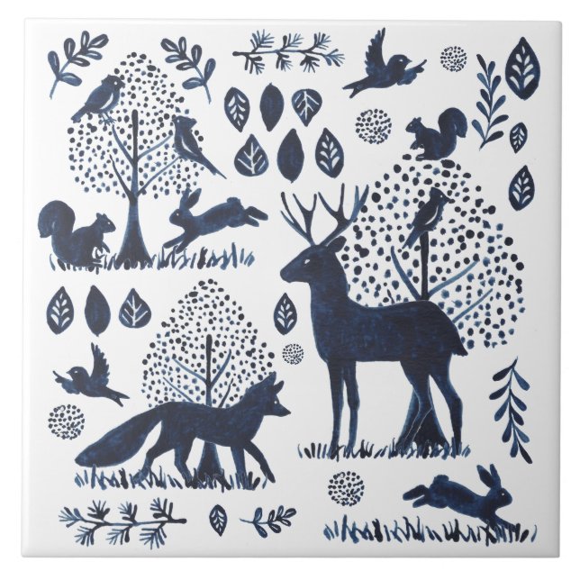 Carreau Lapin de renard animal bleu et blanc moderne (Devant)