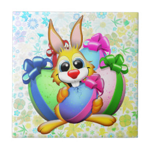 Carreau Lapin drôle mordant un œuf de Pâques