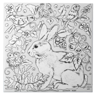 Carreau Lapin Gris Lapin Oiseau Floral Dessin Artistique
